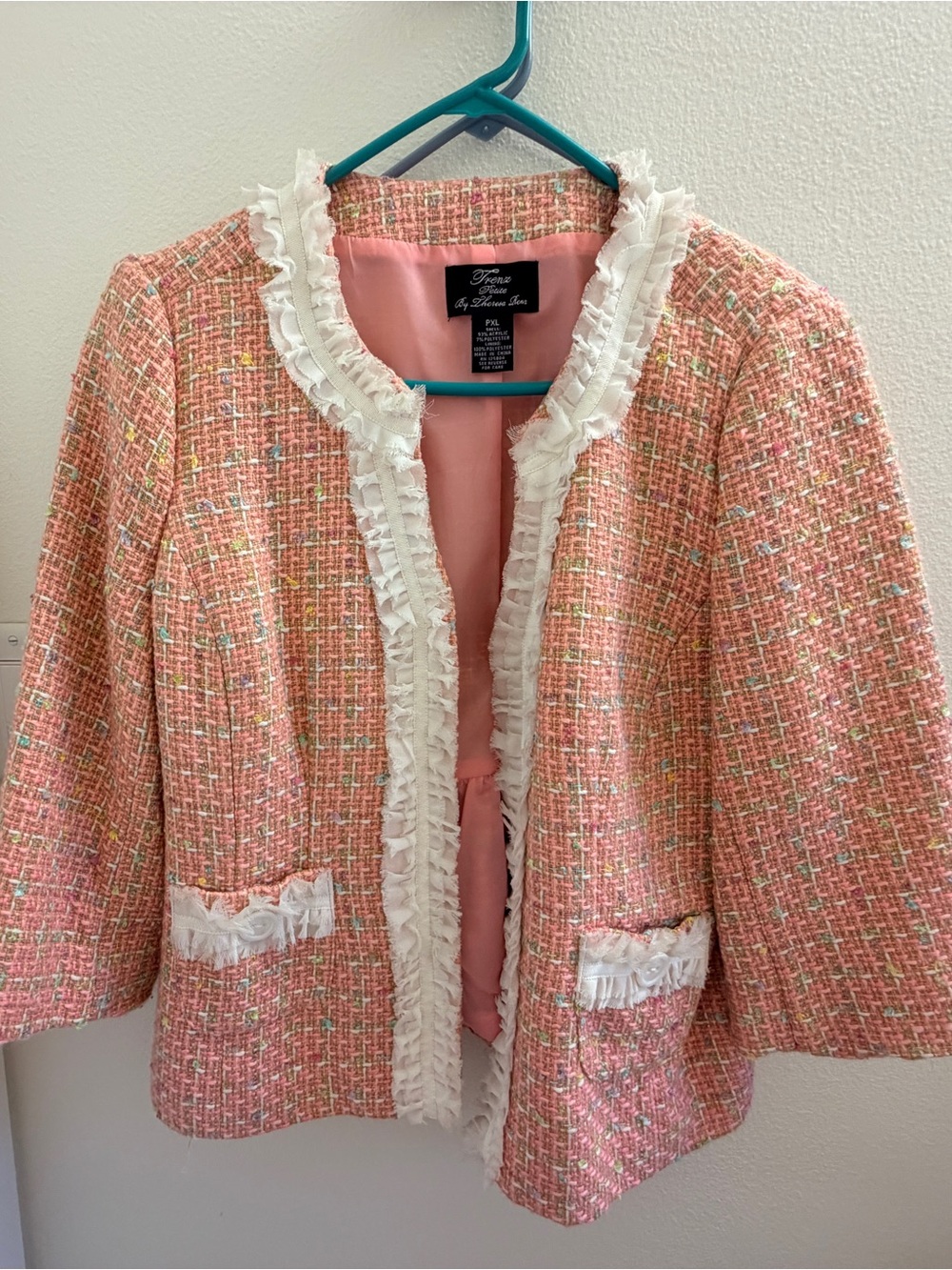 Tweed Fringed Open-Front Jacket - Pink
